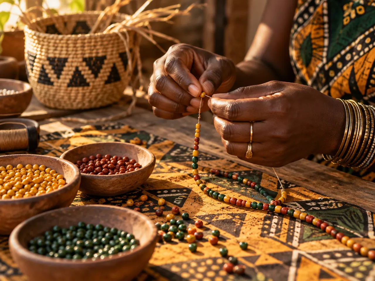 Mãos de uma artesã negra com anéis e pulseiras enfiando contas coloridas em um colar.